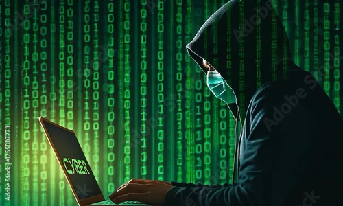 Silhouette of a Hooded Hacker Using a Laptop Against a Green Binary Code Background – Cybersecurity Concept