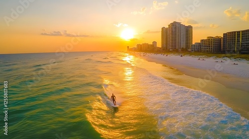 Surfers Catching Waves at Vibrant Beach During Sunset on Tropical Vacation photo