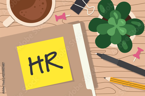 HR (Human Resources) written on a file folder on wooden office desk- vector illustration photo