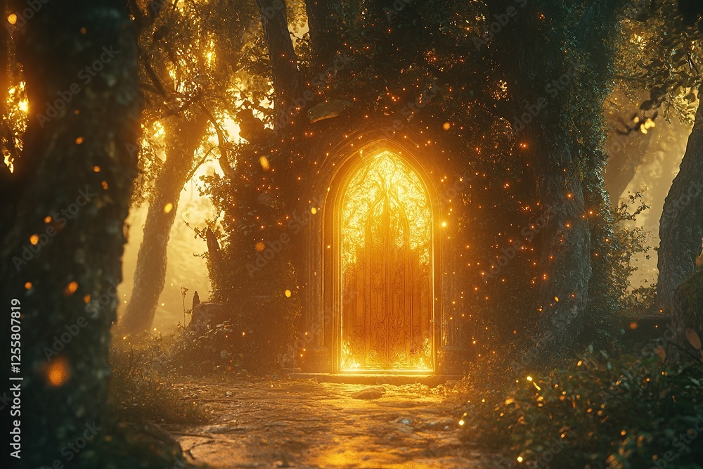 Fototapeta premium A mystical door stands in the center of an enchanted forest, glowing with golden light and inviting you