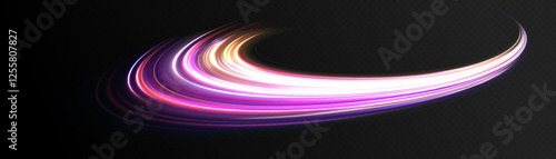 Colored shiny sparks of spiral wave. Curved bright speed line swirls. Shiny wavy path. Rotating dynamic neon circle. Magic golden swirl with highlights. Glowing swirl bokeh effect. vector png