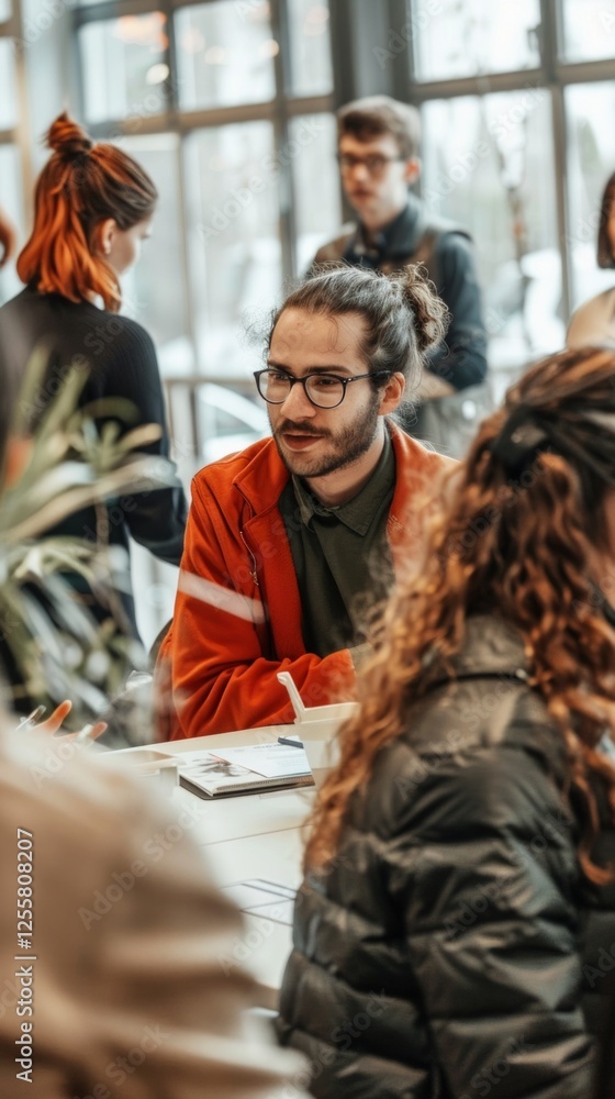 Obraz premium Stylish man in orange jacket chatting with colleagues in a modern office, perfect for business theme, presentations or social media.