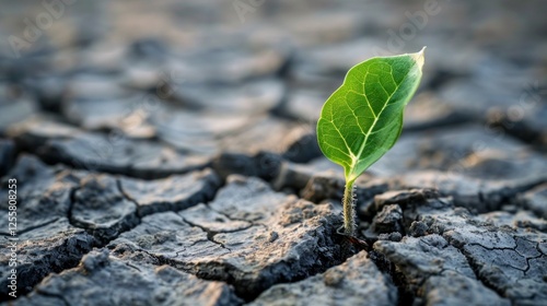 A green sprout poking through a crack in the arid earth, symbolises hope and rebirth, great for environmental and motivational themes. photo