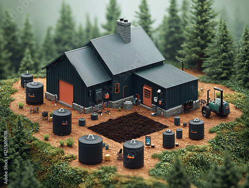 Smart home automation in a remote forest setting.  A miniature model depicts a sustainable, offgrid cabin with integrated water tanks, irrigation system, and solar power. photo