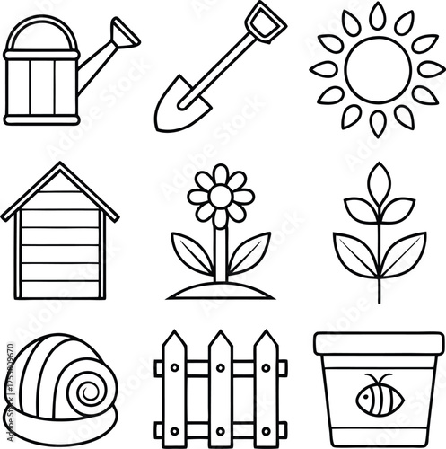 Gardening Tools, Plants, Shed, Sun, Flowers, and Insects Icons