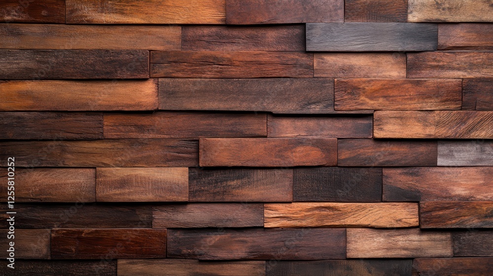 Fototapeta premium A beautifully textured rustic wooden wall showcases a variety of brown tones, perfect for creating a warm and inviting atmosphere in any space or design.