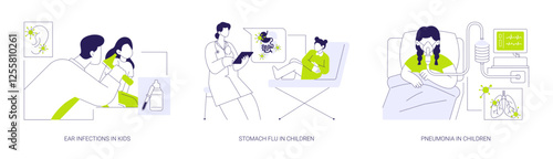 Common infectious diseases in childhood abstract concept vector illustrations.