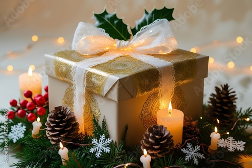 A beautifully wrapped gift box with a glowing ribbon