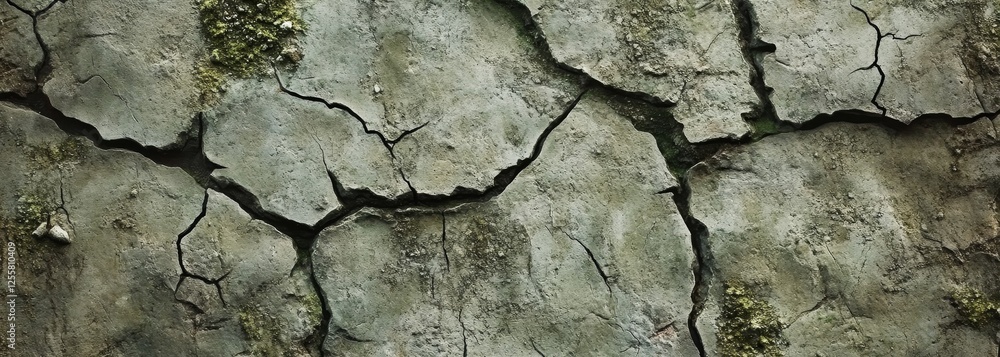 Obraz premium Weathered stone surface with cracks and moss plant composition background