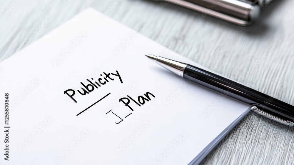 Publicity plan written on paper with pen wooden desk Publicity plan written on paper with pen wooden desk