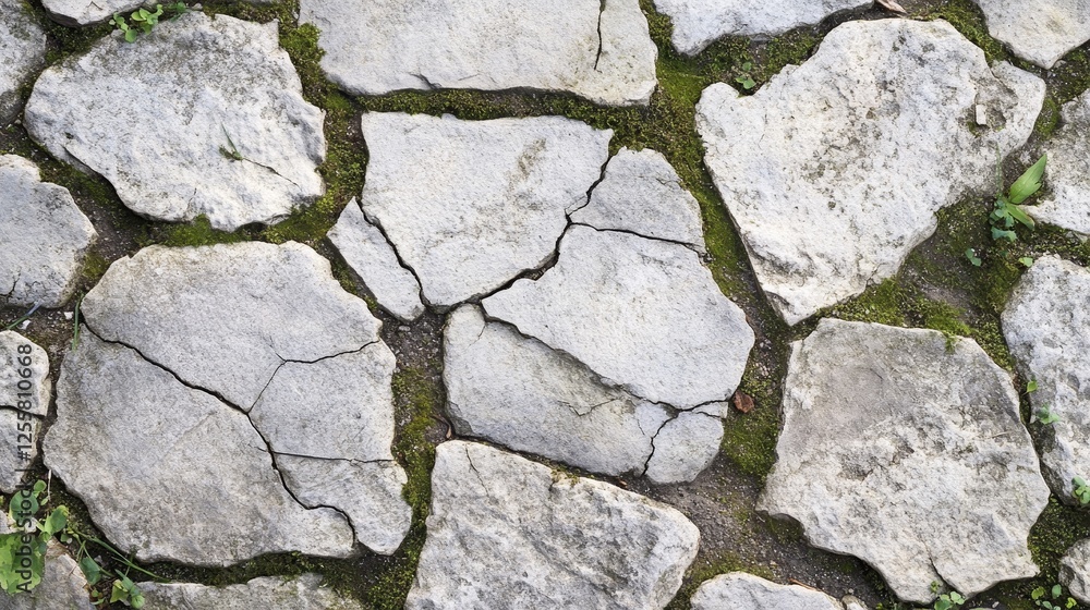 Obraz premium Weathered stone surface with cracks and moss plant composition background