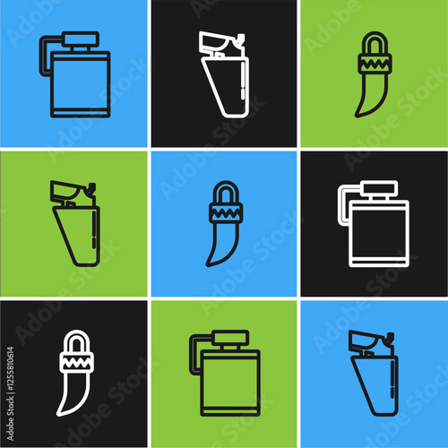 Set line Canteen water bottle, Tooth and Revolver gun in holster icon. Vector