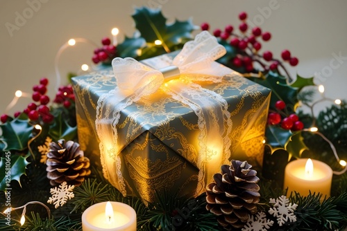 a beautifully wrapped gift box with a glowing ribbon, surrounded by festive decorations