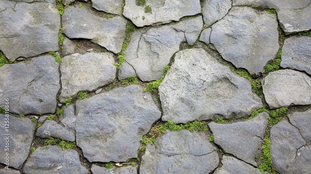 Obraz premium Weathered stone surface with cracks and moss plant composition background