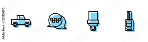 Set line Safety belt, Car, Taxi call telephone service and key with remote icon. Vector