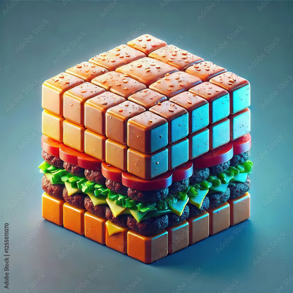 Obraz premium creative square hamburger puzzle is presented, playfully combining food and game elements, evoking sense of fun and whimsy