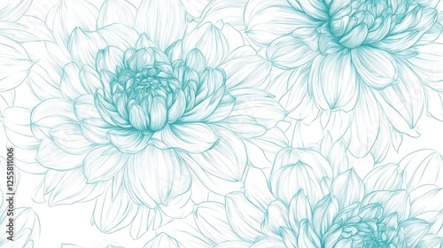 Seamless pattern with teal line art of dahlia flowers, line drawing