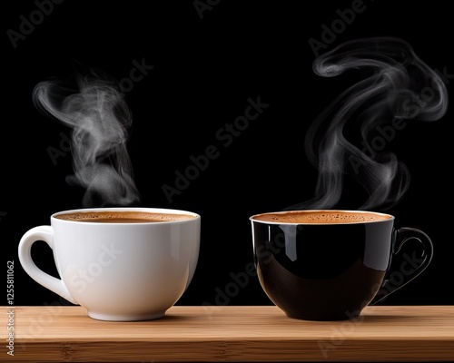 Two steaming coffee cups, one white and one black, sit on a wooden surface against a dark background, evoking warmth and comfort. photo