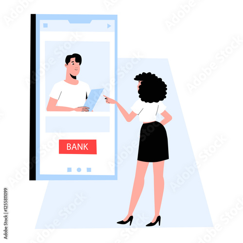 Woman Using Online Banking App On Smartphone In Flat Vector Illustration Symbolizing Digital Finance, Mobile Banking, And Financial Transactions, Isolated On White Background