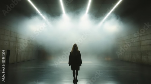 A silhouette of a woman standing confidently in a misty, illuminated space evokes mystery and contemplation about existence and one's journey. photo