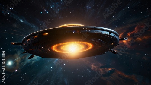 Wallpaper Mural A massive, futuristic UFO hovers in deep space, illuminated by glowing lights beneath its metallic structure Torontodigital.ca