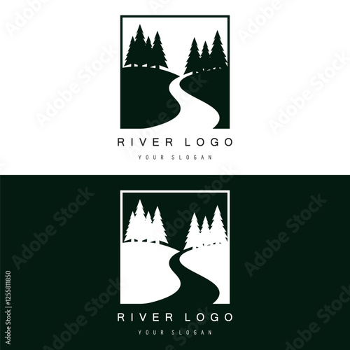 Logos of rivers, creeks, riverbanks and streams. River logo with combination of mountains, farmland, sunrise with vector concept design.