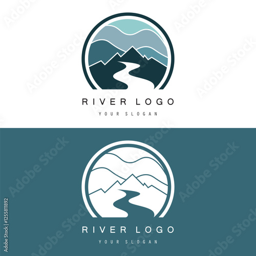 Logos of rivers, creeks, riverbanks and streams. River logo with combination of mountains, farmland, sunrise with vector concept design.