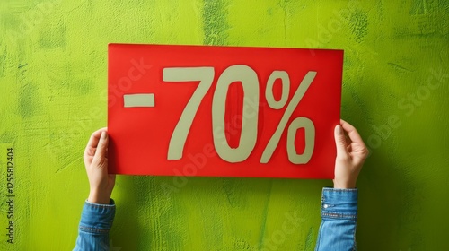 Hands holding a bold red discount sign reading -70 against a vibrant green textured wall, perfect for sales promotions and marketing campaigns. AI generated.