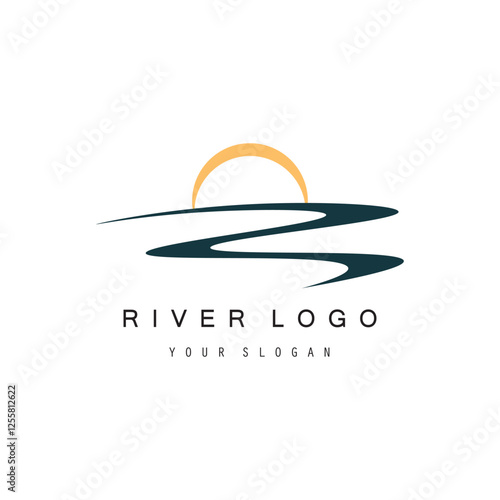 Logos of rivers, creeks, riverbanks and streams. River logo with combination of mountains, farmland, sunrise with vector concept design.