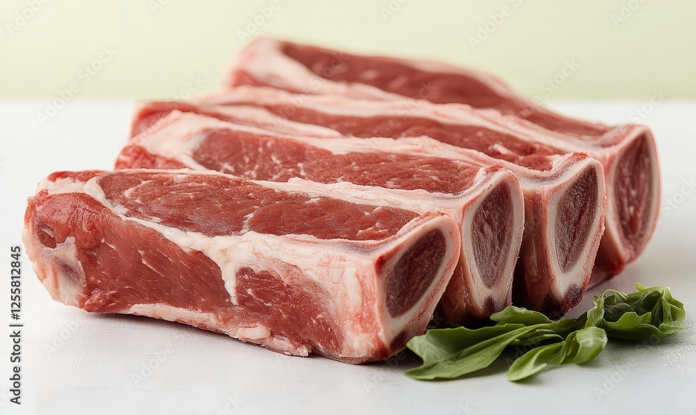 Fototapeta premium Raw beef short ribs on white surface with basil garnish, ready for cooking