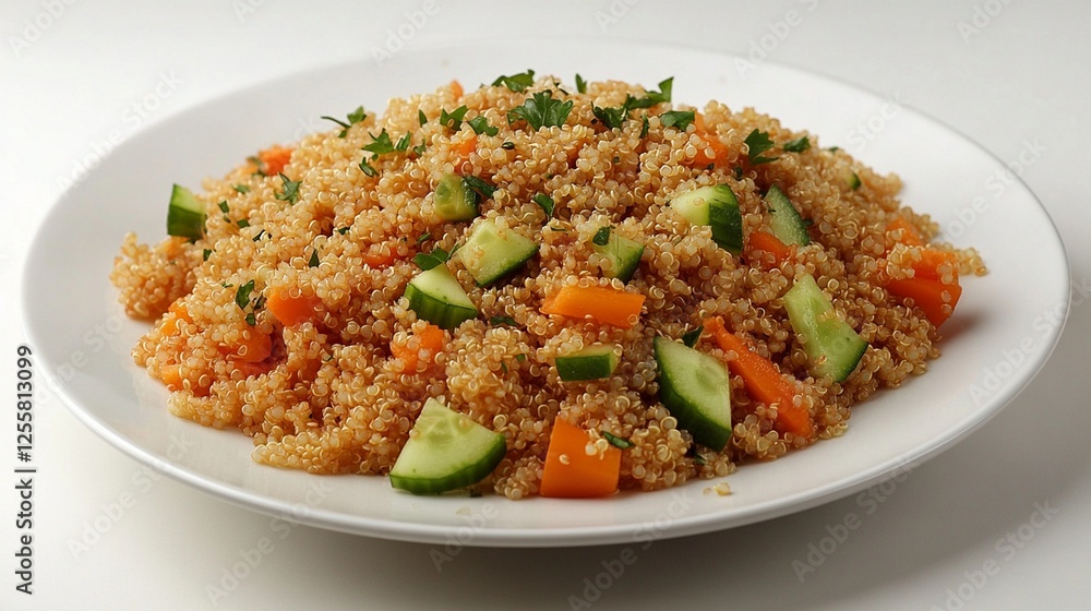 A plate of plain, cooked quinoa mixed with diced carrots, cucumbers, and bell peppers, creating a fresh and light gluten-free meal, served on a white plate with a sprinkle of herbs. A plate of plain, cooked quinoa mixed with diced carrots, cucumbers, and bell peppers, creating a fresh and light gluten-free meal, served on a white plate with a sprinkle of herbs.