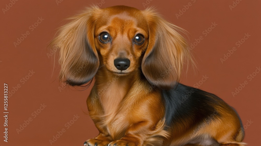 Adorable Brown Dachshund Puppy with Soft Fur and Expressive Eyes Posing Against a Warm Background Adorable Brown Dachshund Puppy with Soft Fur and Expressive Eyes Posing Against a Warm Background