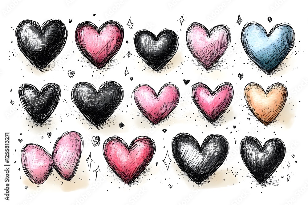 Obraz premium Collection of whimsical, hand-drawn hearts in various colors.