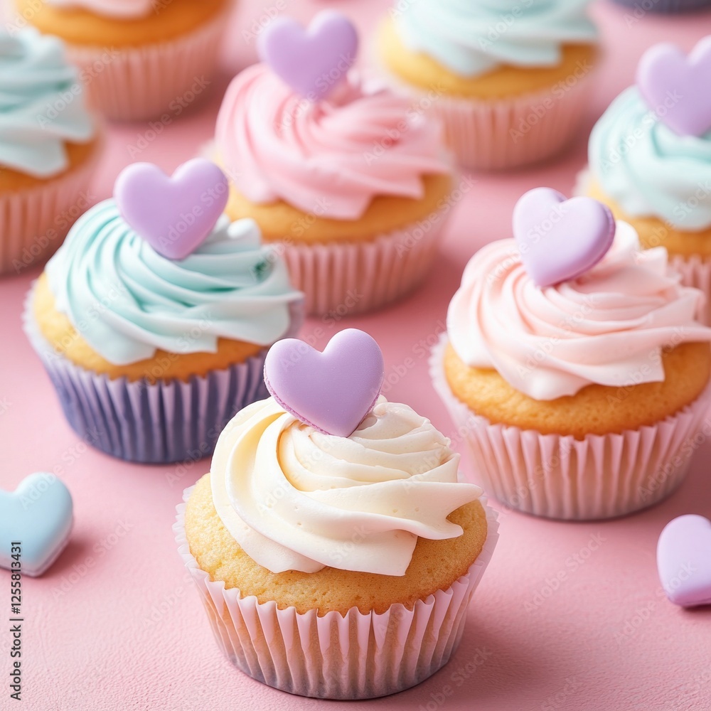 Pastel cupcakes with heart decor, pink background, sweet treat, food blog Pastel cupcakes with heart decor, pink background, sweet treat, food blog