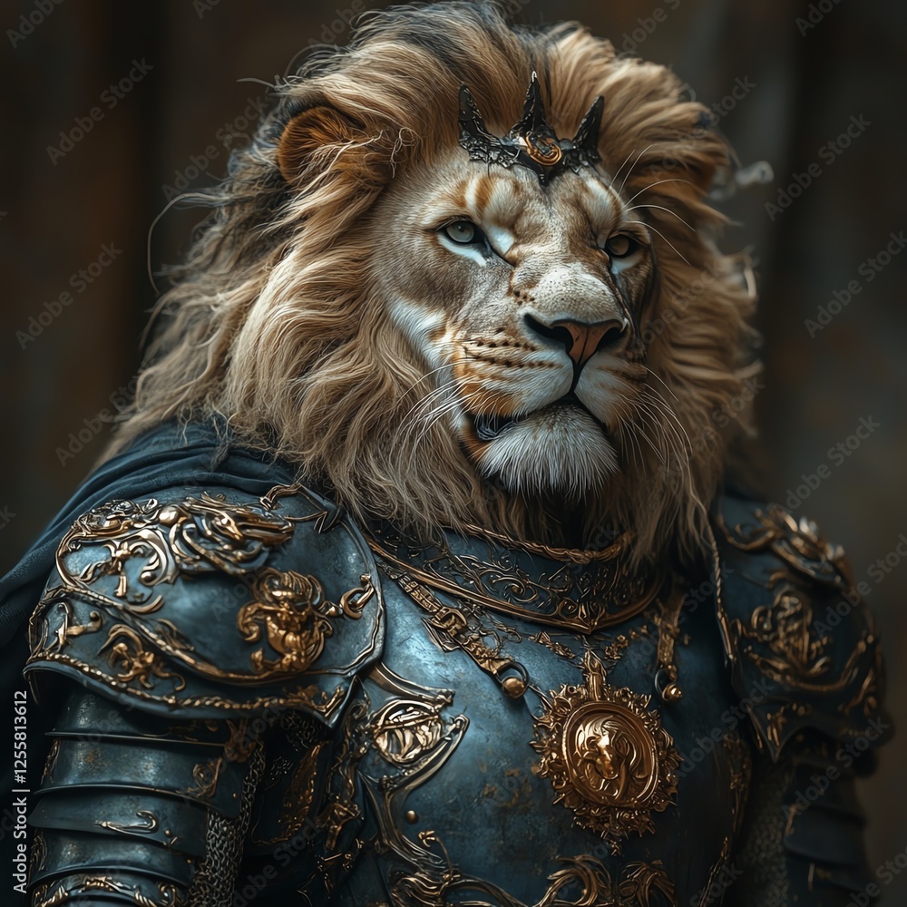 A majestic lion adorned in ornate armor, exuding power and grace. The regal figure stands poised, blending the strength of wildlife with the elegance of medieval royalty. A majestic lion adorned in ornate armor, exuding power and grace. The regal figure stands poised, blending the strength of wildlife with the elegance of medieval royalty.