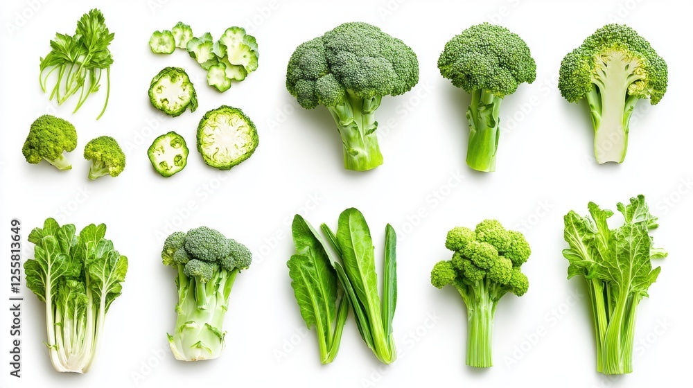 Assorted Fresh Green Vegetables Including Broccoli and Leafy Greens Arranged on White Background Assorted Fresh Green Vegetables Including Broccoli and Leafy Greens Arranged on White Background