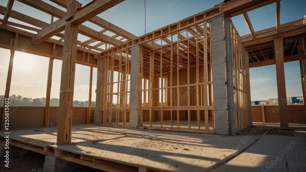 n-Progress Construction of a Room with Exposed Wooden Framing, Skylight, and Multiple Windows n-Progress Construction of a Room with Exposed Wooden Framing, Skylight, and Multiple Windows