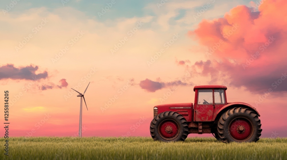 Fototapeta premium Vintage Red Tractor Near Wind Turbine Under Beautiful Sunset Sky with Clouds