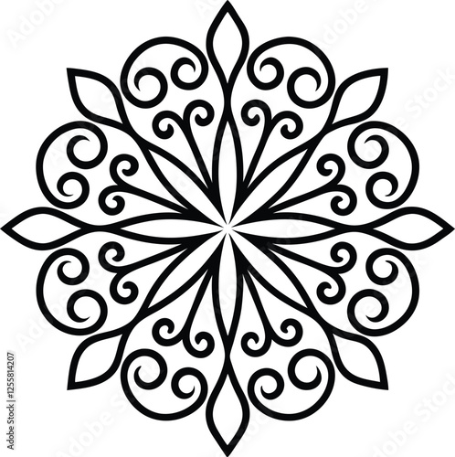 Ornate Black and White Floral Mandala Design, Symmetrical Pattern