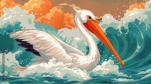 A stylized pelican gliding through vibrant ocean waves under a colorful sky.