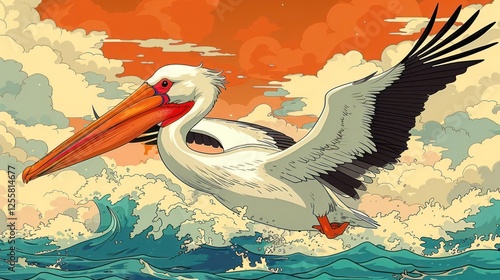 A vibrant illustration of a pelican flying over ocean waves at sunset.