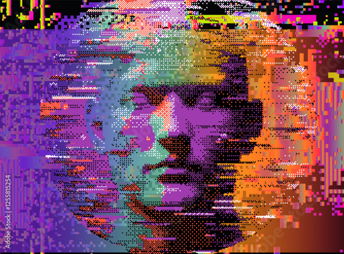 Glitchy vector illustration of a human face, fragmented with vibrant hues of purple, orange, and green.  Pixelated distortions and digital noise create a futuristic, cyberpunk-inspired aesthetic.
