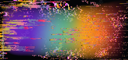 Vector illustration featuring a vibrant glitchy, abstract digital distortion with waves of pink, purple and green. Pixelated elements and a futuristic aesthetic create a striking visual effect.