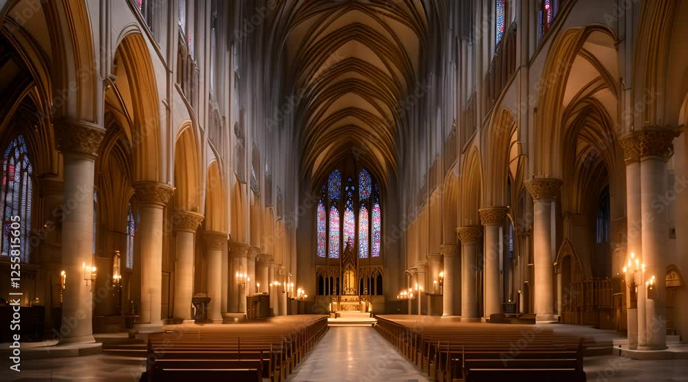 walks inside a vast, dimly lit gothic cathedral, with towering stone arches and intricate stained glass windows casting colorful patterns on the cold stone floor walks inside a vast, dimly lit gothic cathedral, with towering stone arches and intricate stained glass windows casting colorful patterns on the cold stone floor