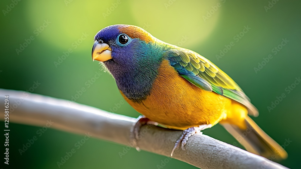 Obraz premium Vibrant bird perched on a branch, surrounded by a lush green background, showcasing nature's beauty