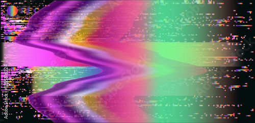 Vector illustration featuring a vibrant glitchy, abstract digital distortion with waves of pink, purple and green. Pixelated elements and a futuristic aesthetic create a striking visual effect.