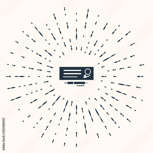 Grey Blank template of the bank check and pen icon isolated on beige background. Checkbook cheque page with empty fields to fill. Abstract circle random dots. Vector Illustration
