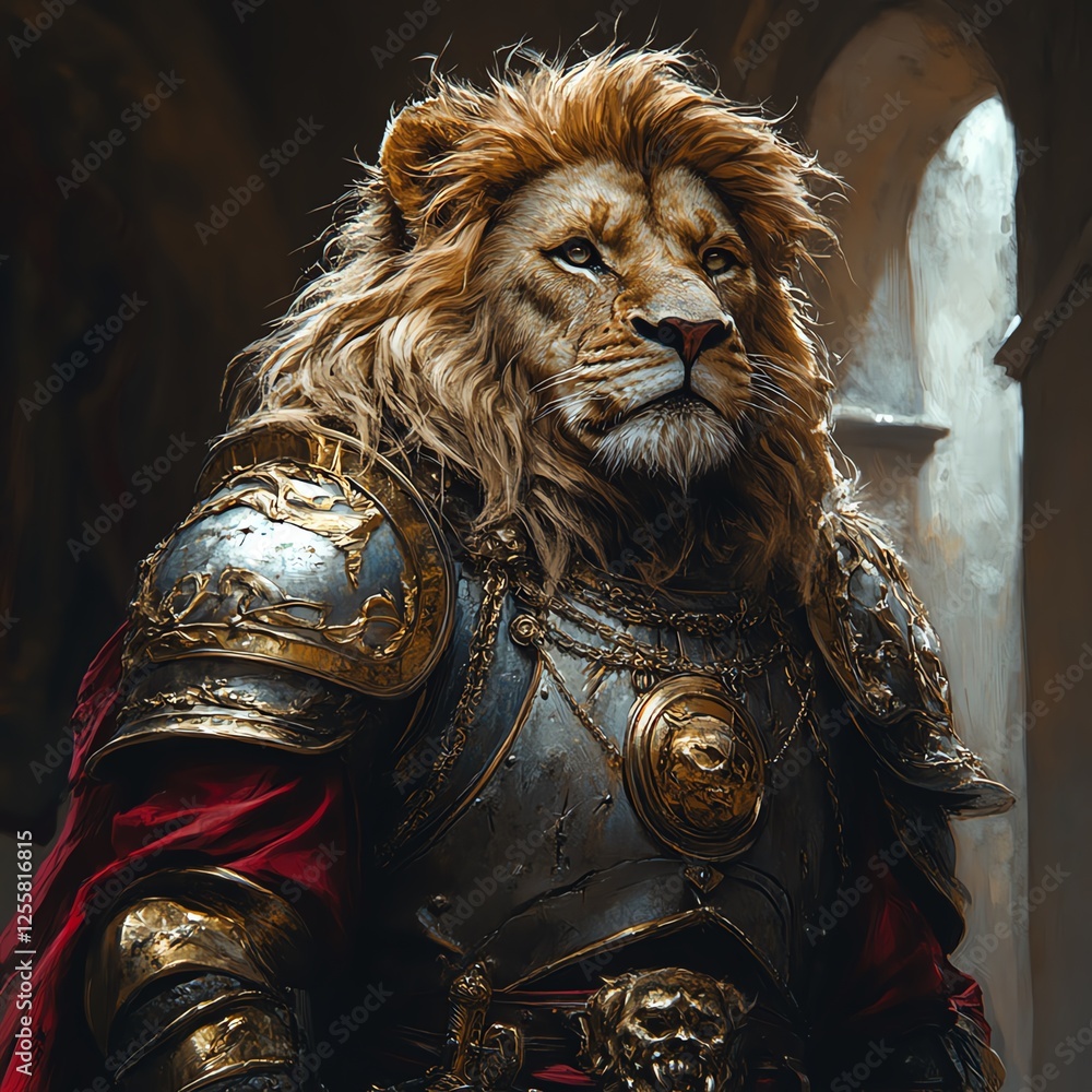 A majestic lion clad in ornate armor stands proudly. The detailed craftsmanship of the armor contrasts with the lion's natural beauty, creating an impressive and powerful image. A majestic lion clad in ornate armor stands proudly. The detailed craftsmanship of the armor contrasts with the lion's natural beauty, creating an impressive and powerful image.