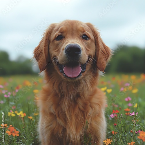 Happy Golden Retriever in a field of wildflowers.  Perfect for pet, nature, and springtime themes.  Use in websites, blogs, or petrelated publications.  A joyful, heartwarming image. photo