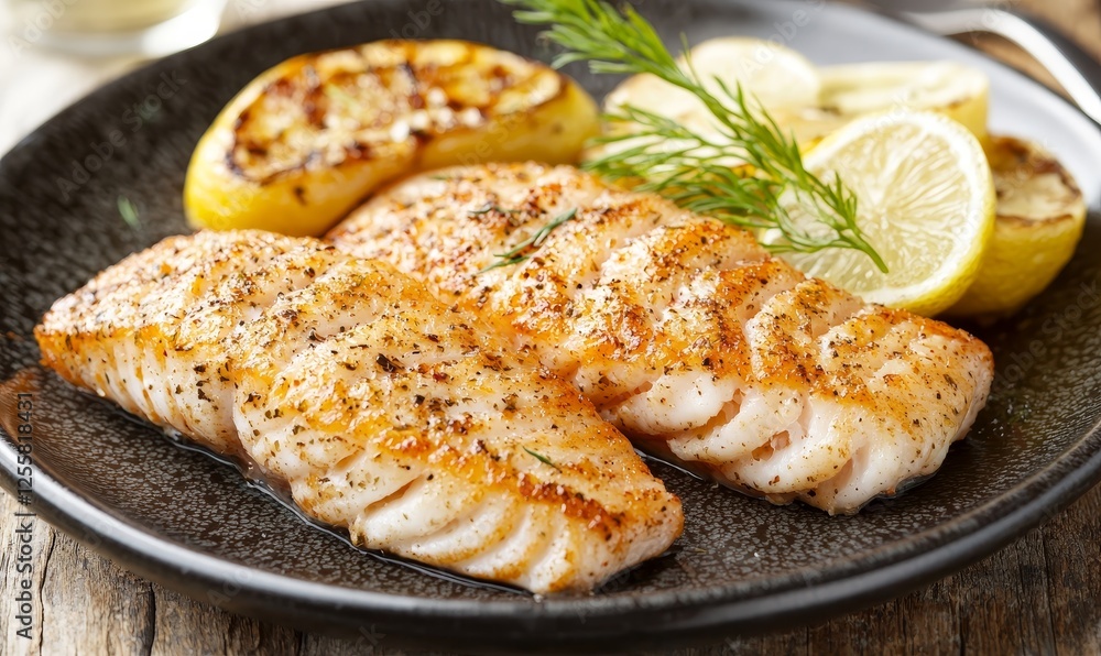 Seared fish fillets with lemon and herbs on a dark plate Seared fish fillets with lemon and herbs on a dark plate